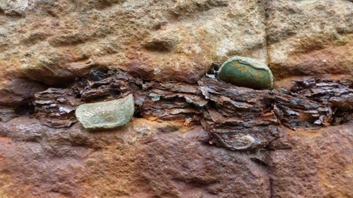 Coins wedged in between the columns of Causeway stones